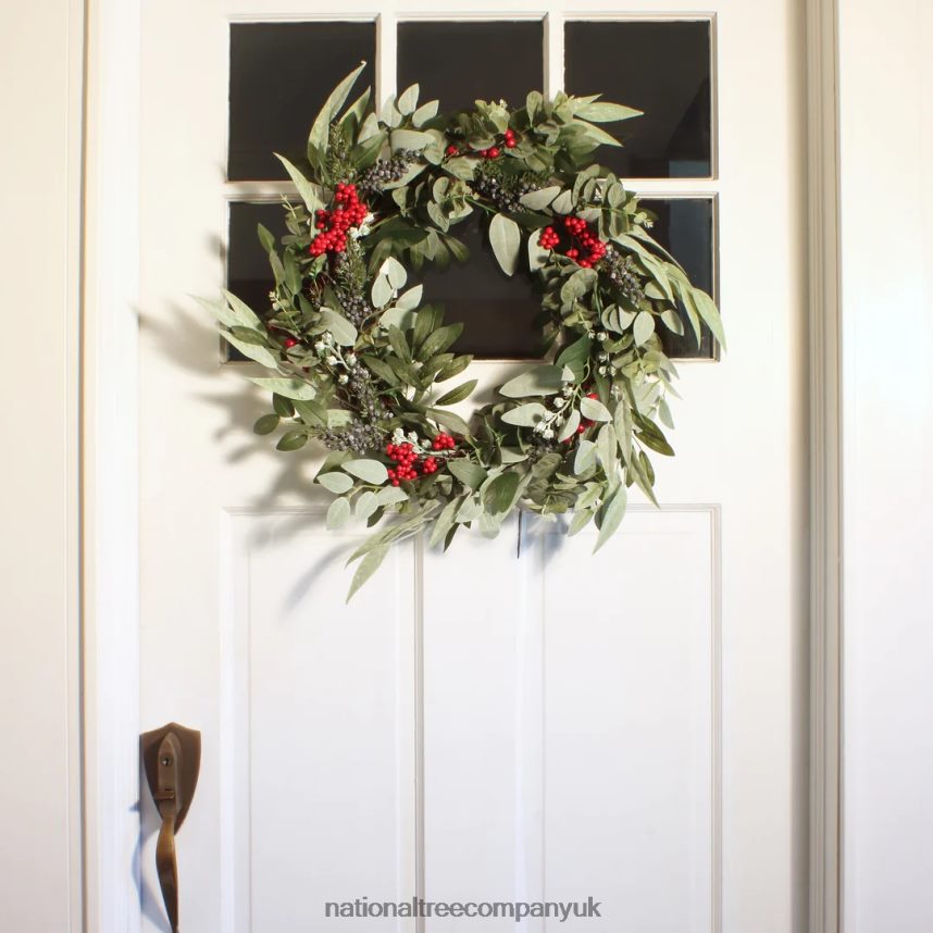 Greenery | National Tree Company Artificial Christmas Leafy Eucalyptus and Berry Wreath Decorated with Flower Buds and Berry Clusters Rustic 24 in F2L4F302